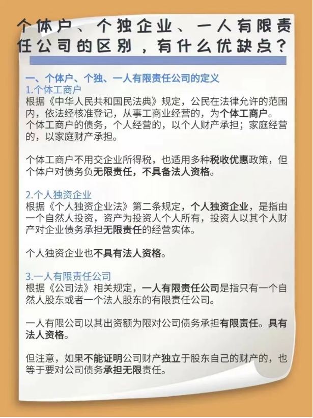 個(gè)體戶(hù)、個(gè)獨(dú)企業(yè)、一人有限責(zé)任公司的區(qū)別，有什么優(yōu)缺點(diǎn)