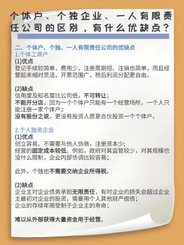 個(gè)體戶(hù)、個(gè)獨(dú)企業(yè)、一人有限責(zé)任公司的區(qū)別，有什么優(yōu)缺點(diǎn)